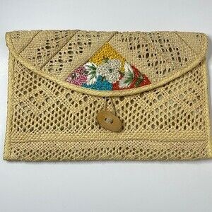Rattan Woven clutch envelope purse bag floral tan beige
